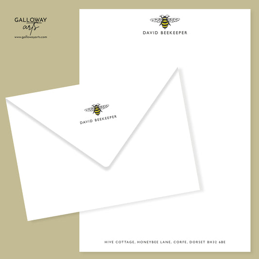 Bee Design Personalised Stationery. A5 Writing paper and matching envelopes. Vintage Style Notepaper and Envelopes.