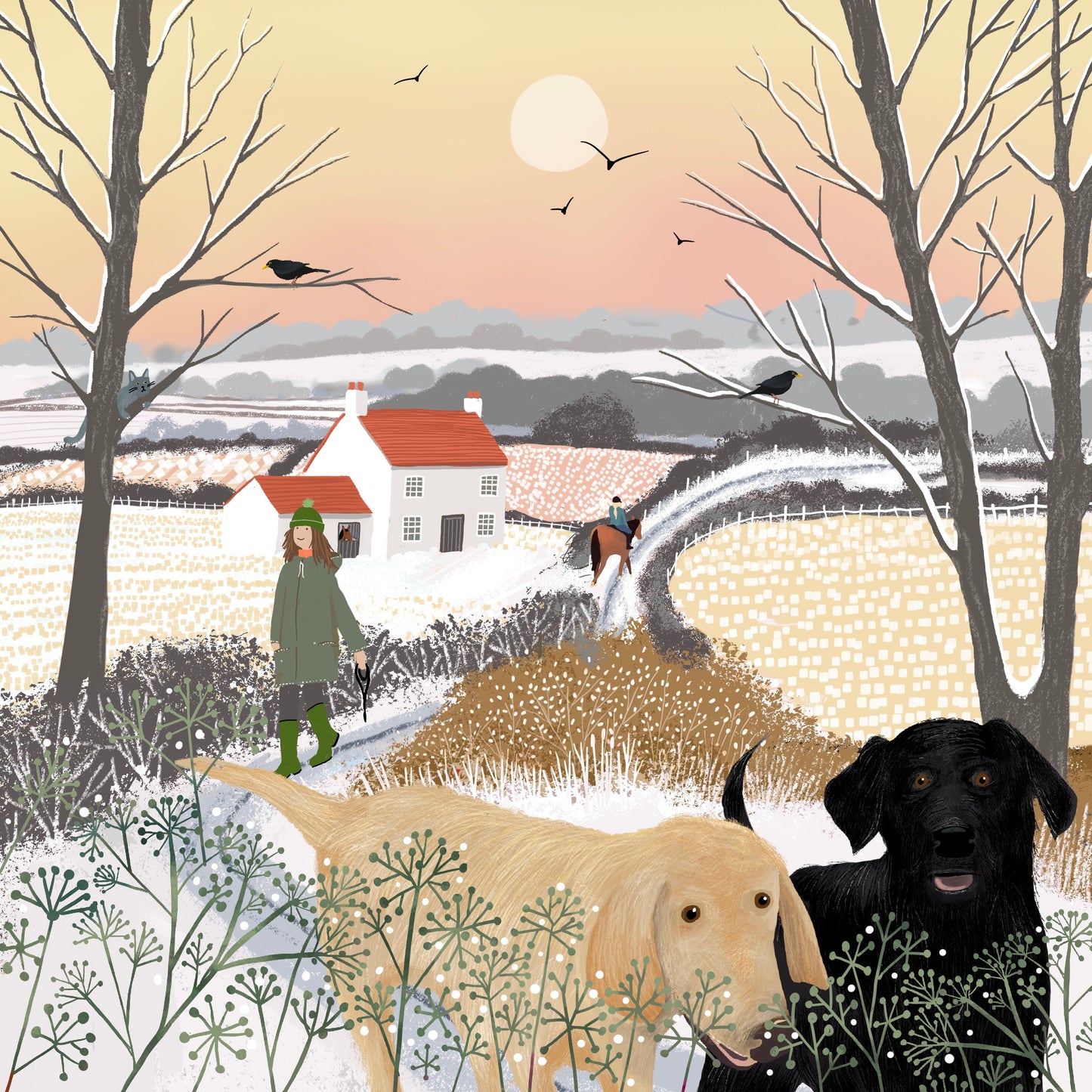 Pack of 4 Countryside Winter Cards with dogs from original art. Winter Designs. Christmas Cards.
