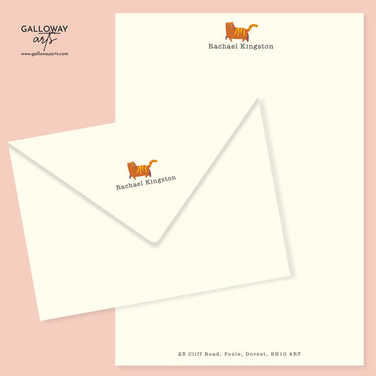 Ginger Cat Design Personalised Stationery. A5 Writing paper and matching envelopes. Vintage Style Notepaper and Envelopes.