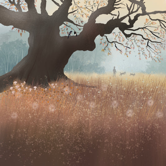 Ancient Oak, greetings card. Misty winter landscape.