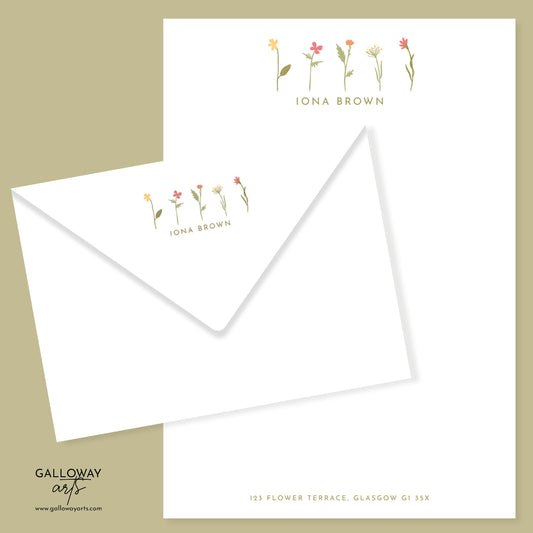 Little Flowers Personalised Stationery. A5 Writing paper and matching envelopes. Vintage Style Notepaper and Envelopes.