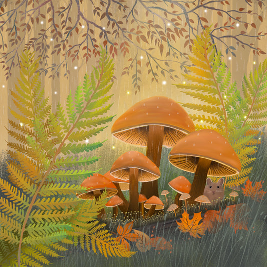 Shelter, greetings card. Autumn Woodland scene with Fungi and a field mouse.
