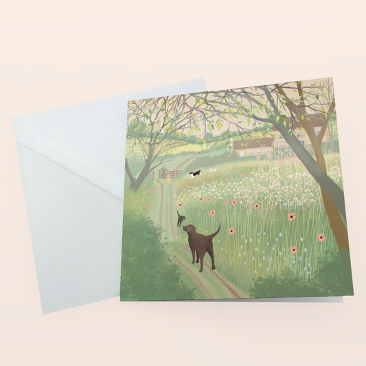 Greetings card. Spring Greens - spring landscape with dogs