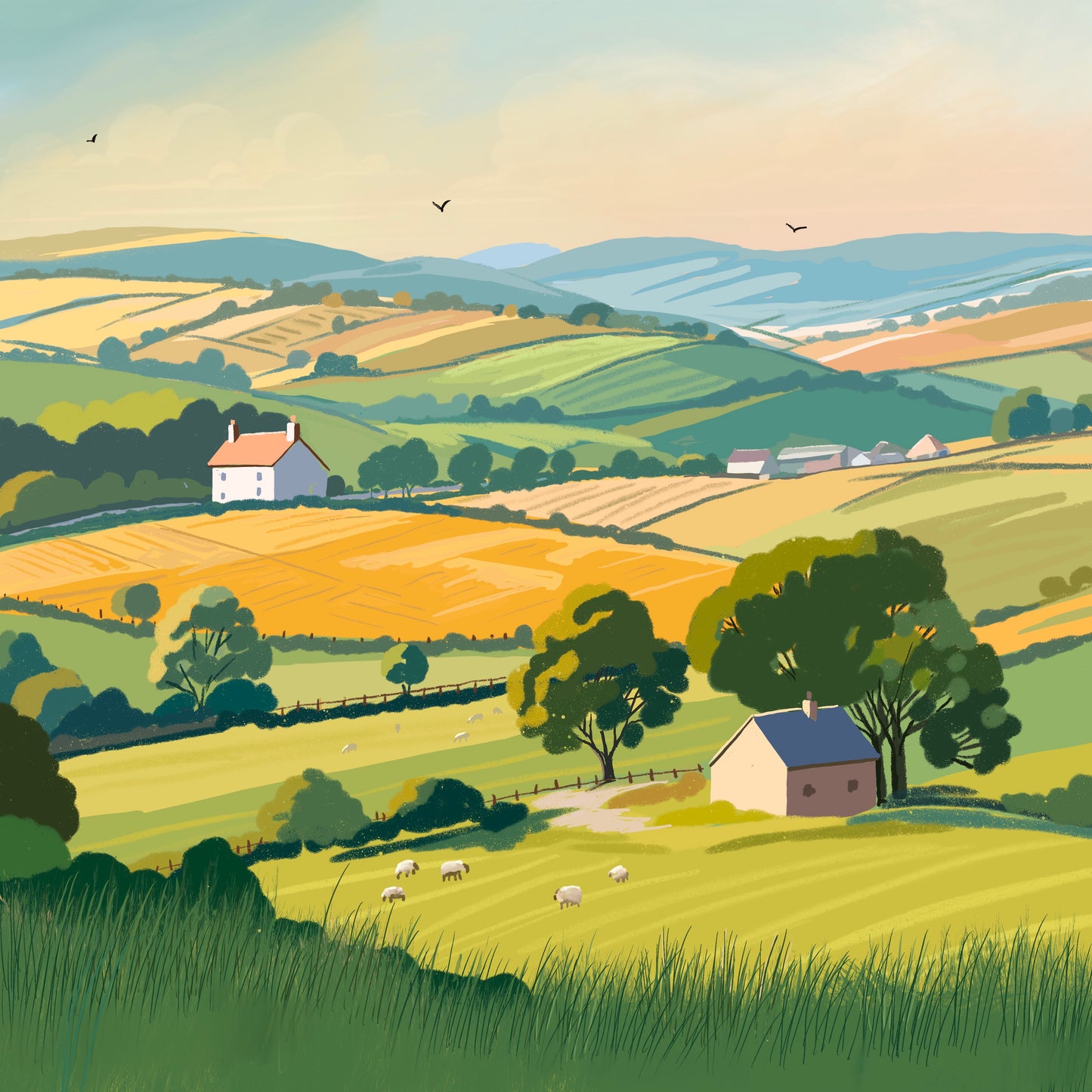 The End of Summer greetings card - Summer landscape. Birthday card, thank you card, anniversary card, housewarming card.