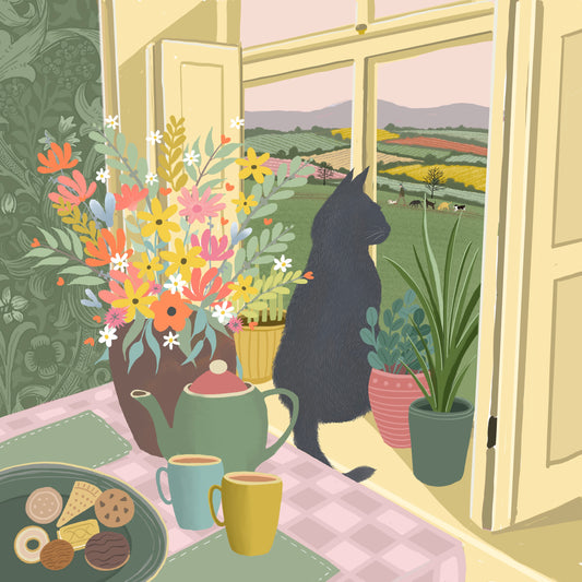 Cat in a Window Greetings card. Time for a Cuppa.