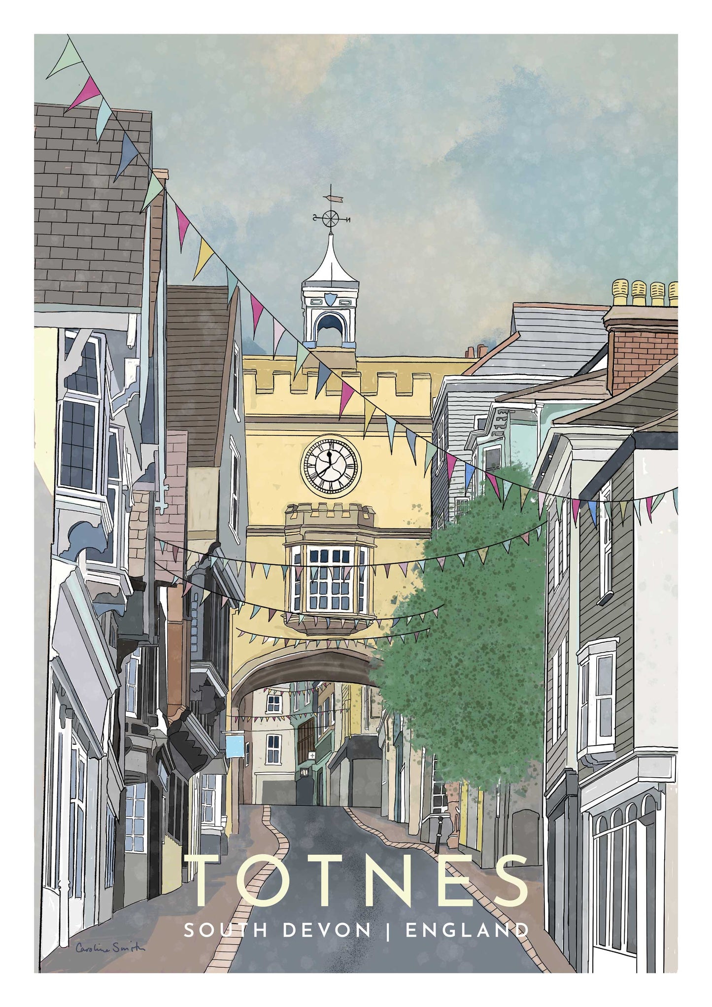 Totnes, South Devon, English Travel Poster, Framed or unframed - A5,A4,A3,A2,A1