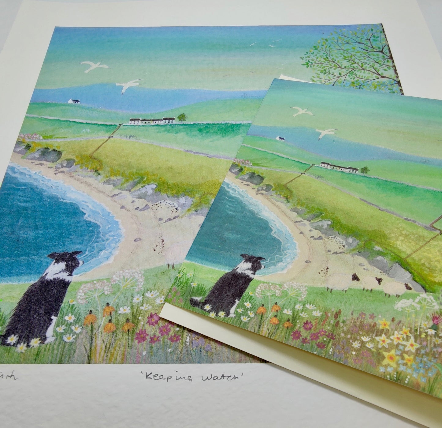 Border collie + Scottish landscape greetings card. Perfect for the nature lover in your life. Handprinted. Landscape, wildflowers, sheep.