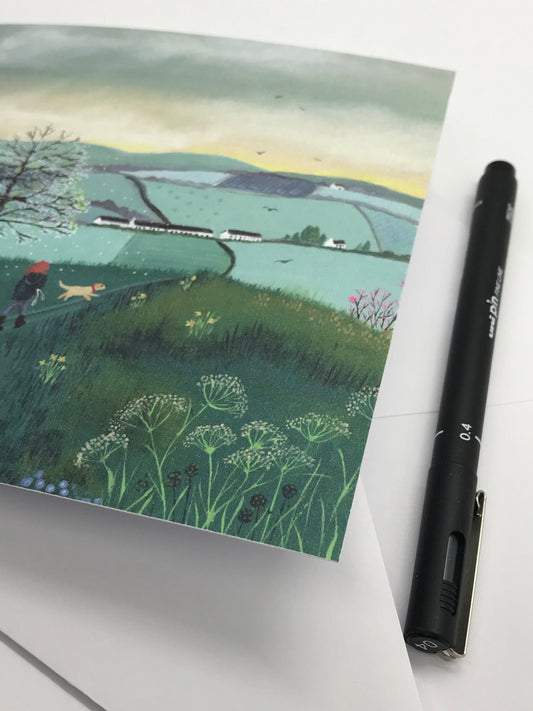 Early Start, greetings card. Perfect for the nature lover in your life. Handprinted. Landscape with dog walkers.
