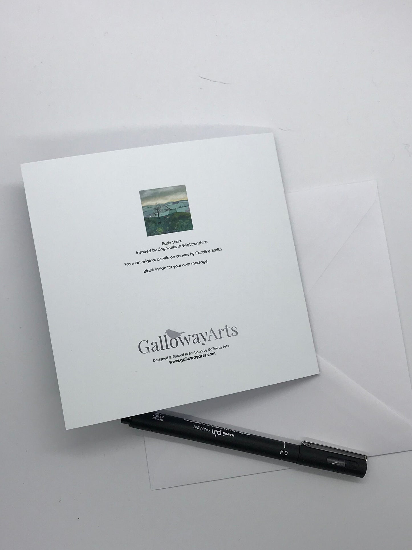 Early Start, greetings card. Perfect for the nature lover in your life. Handprinted. Landscape with dog walkers.