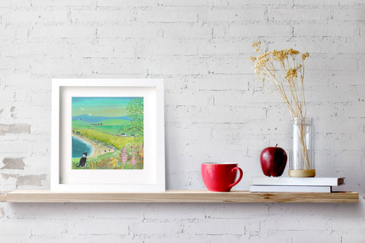 Keeping Watch, Coast Landscape with wildflowers, sheep and Border Collie. Art Print, Signed by artist. Wall Art, Home Decor, Office Art