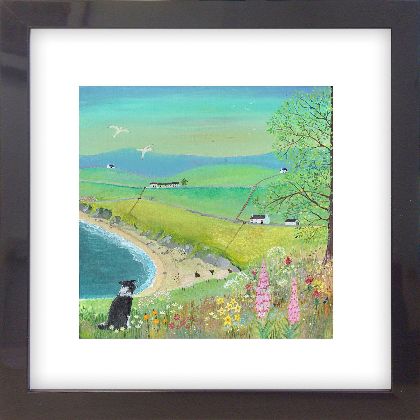 Keeping Watch, Coast Landscape with wildflowers, sheep and Border Collie. Art Print, Signed by artist. Wall Art, Home Decor, Office Art