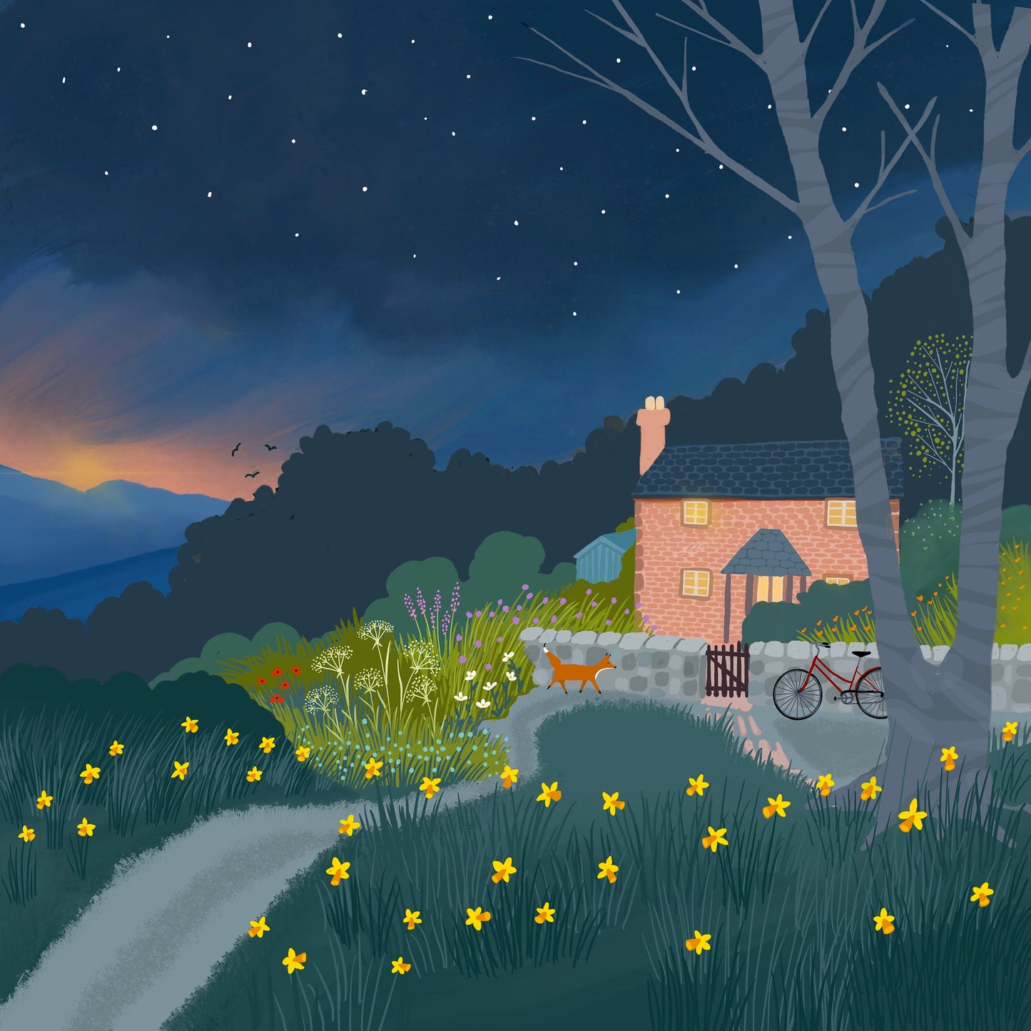 Welcome Home greetings card from original art by Caroline Smith. Blank greetings cards. Featuring country cottage in evening light.