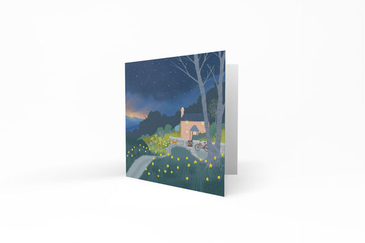 Welcome Home greetings card from original art by Caroline Smith. Blank greetings cards. Featuring country cottage in evening light.