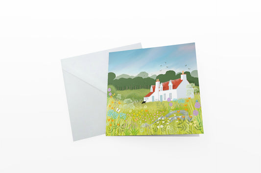 Skylark Cottage greetings card from original art by Caroline Smith. Blank greetings cards. Country cottage garden.