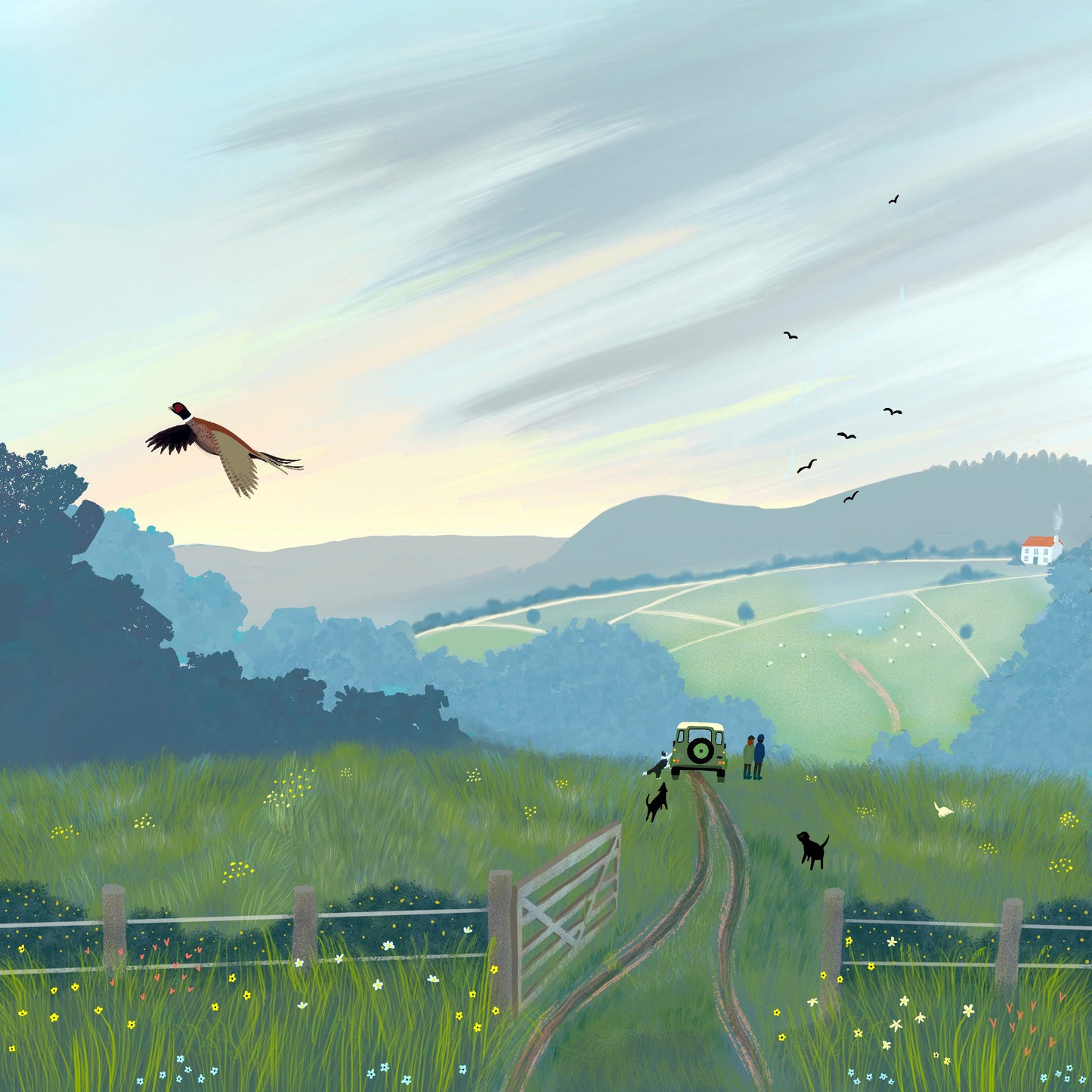 Escape greetings card from original art by Caroline Smith. Blank greetings cards. Featuring a Black Labradors and a Landrover Defender.