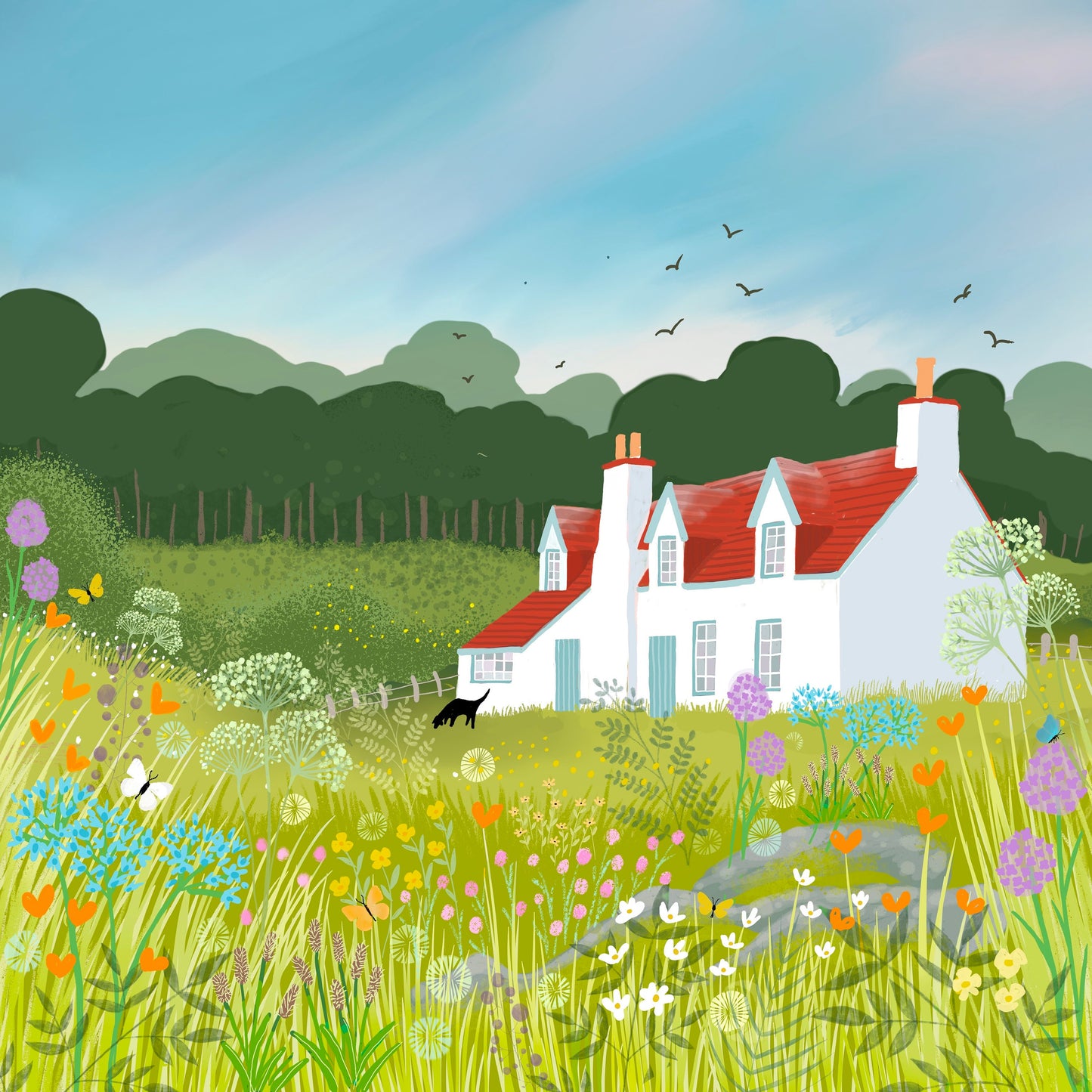 Skylark Cottage greetings card from original art by Caroline Smith. Blank greetings cards. Country cottage garden.