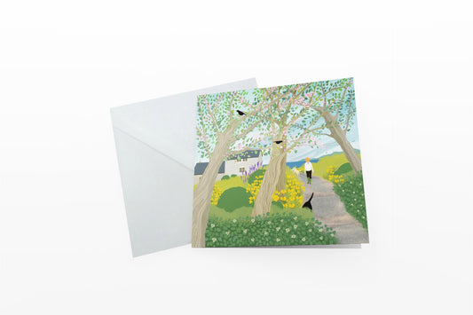 Spring Morning greetings card from original art by Caroline Smith. Blank greetings cards. A cottage by the sea. Labradors.