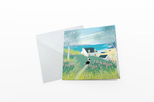 Come on Down! greetings card from original art by Caroline Smith. Blank greetings cards. A cottage by the sea. Border Collies.