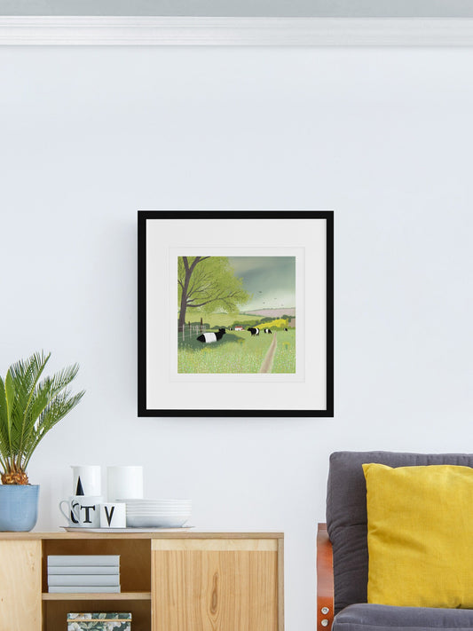 Pastures New - Signed Giclee Print.. Art print, Home Decor, Office Art. Summer pastures with Belted Galloways.