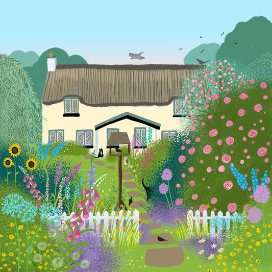 Rose Cottage greetings card from original art by Caroline Smith. Blank greetings cards. Country cottage garden.
