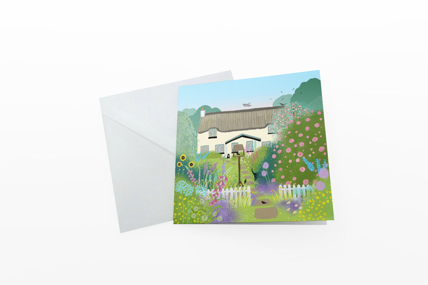 Rose Cottage greetings card from original art by Caroline Smith. Blank greetings cards. Country cottage garden.