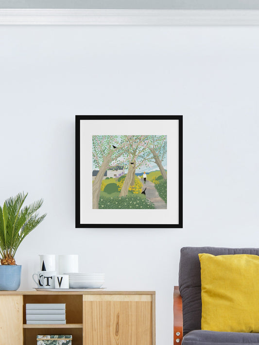 Spring Morning Dog Walk Giclee Print: Coastal Cottage Art