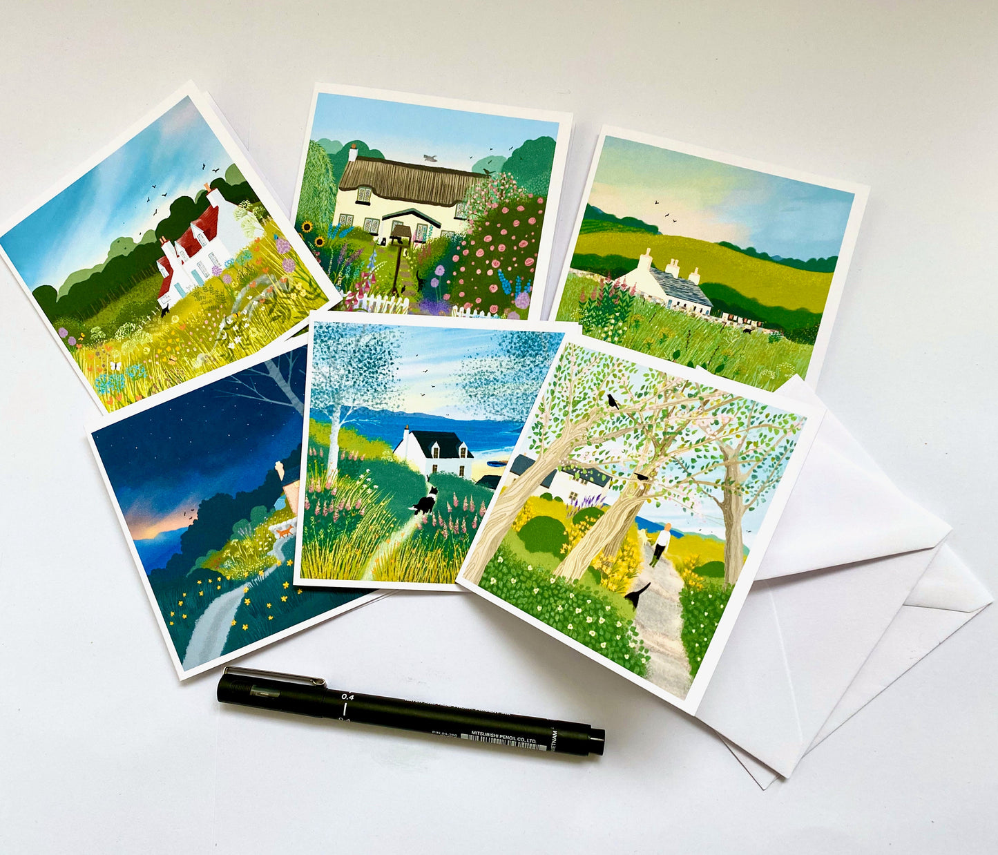 Cottage Collection - Notelets from original art. Pack of Six Notelet Cards featuring original paintings by Caroline Smith. Pack No3.