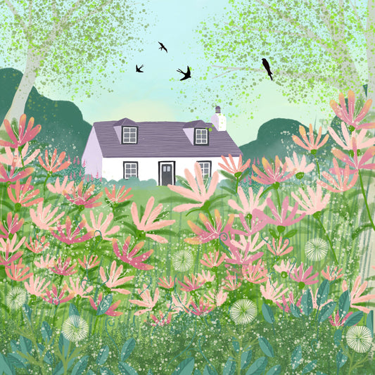 Honeysuckle Cottage greetings card from original art by Caroline Smith. Blank greetings cards. Country cottage garden.