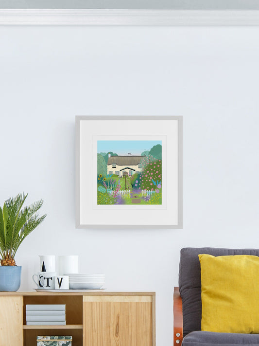 Rose Cottage - Signed Giclee Print, Country Cottage with summer garden. Art print, Home Decor, Office Art. Print only or framed.