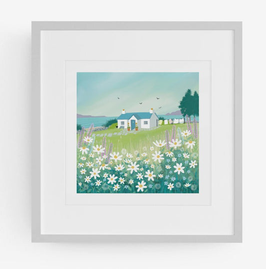 Fresh as a Daisy - Signed Giclee Print, Scottish Cottage by the sea. Art print, Home Decor, Wall Art. Print only or framed.