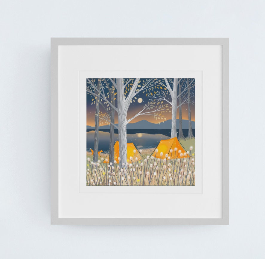 Wild Camping - Signed Giclee Print, Wild Camping on the shores of a Scottish Loch. Art print, Home Decor, Wall Art. Print only or framed.