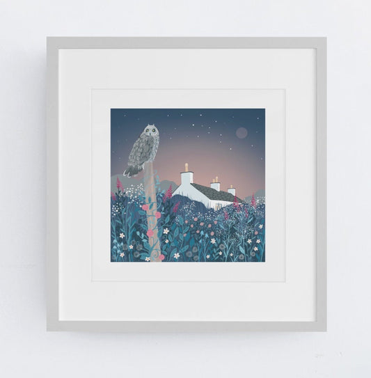Owl Print - Signed Giclee Print, Owl Lodge with wildflowers and Scottish Cottage. Art print, Home Decor, Wall Art, Office Art
