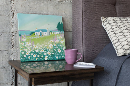 Fresh as a Daisy Canvas - various sizes - from an Original Painting by Caroline Smith - Canvas print with Cottage and daisies