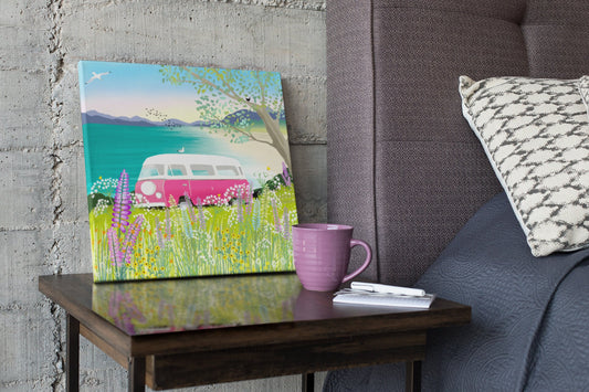 Staycation Canvas - various sizes - from an Original Painting by Caroline Smith - Canvas print of campervan near scottish beach