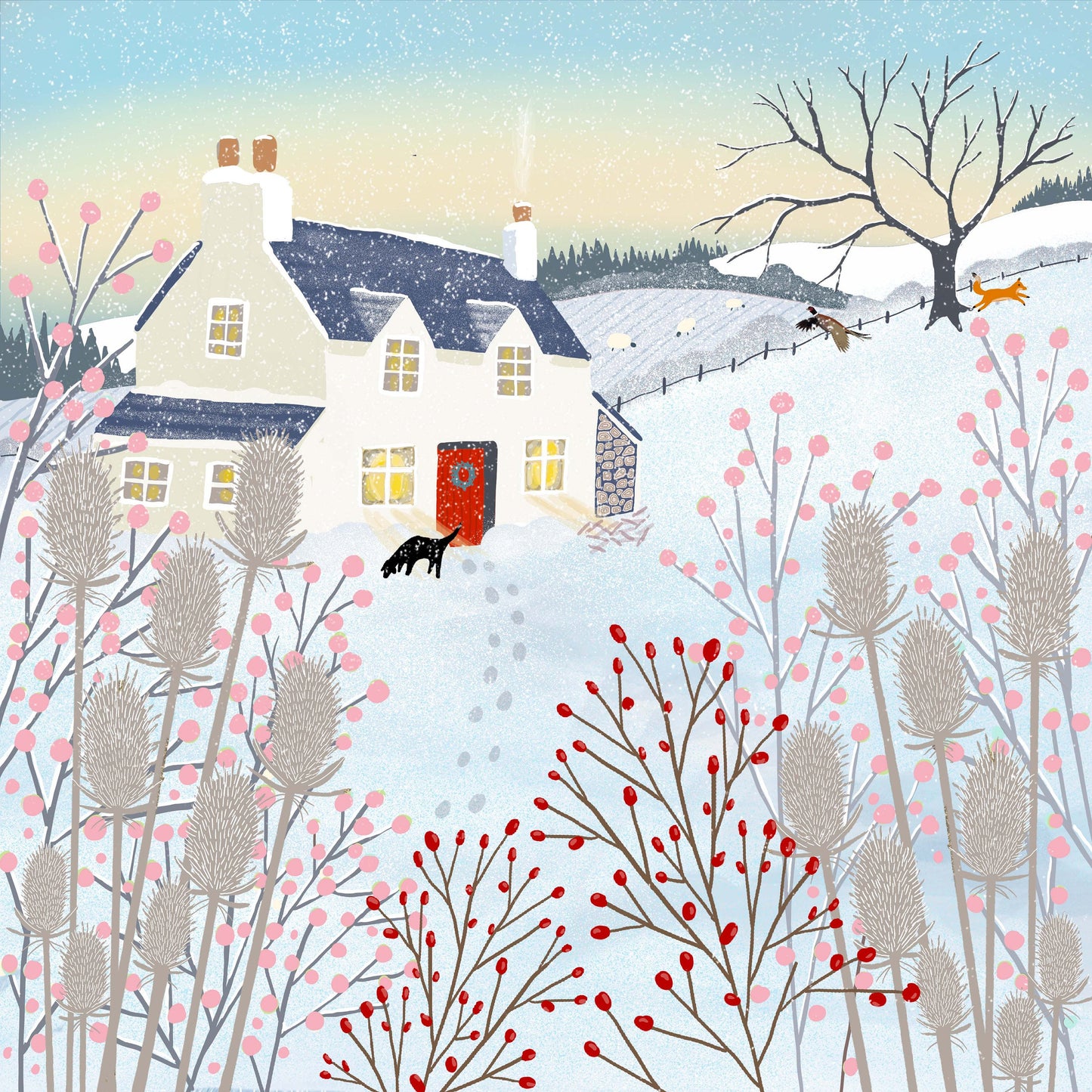 Pack of 4 Christmas cards, A Country Christmas. Cards from original art featuring cosy country scenes, designed and printed in Scotland