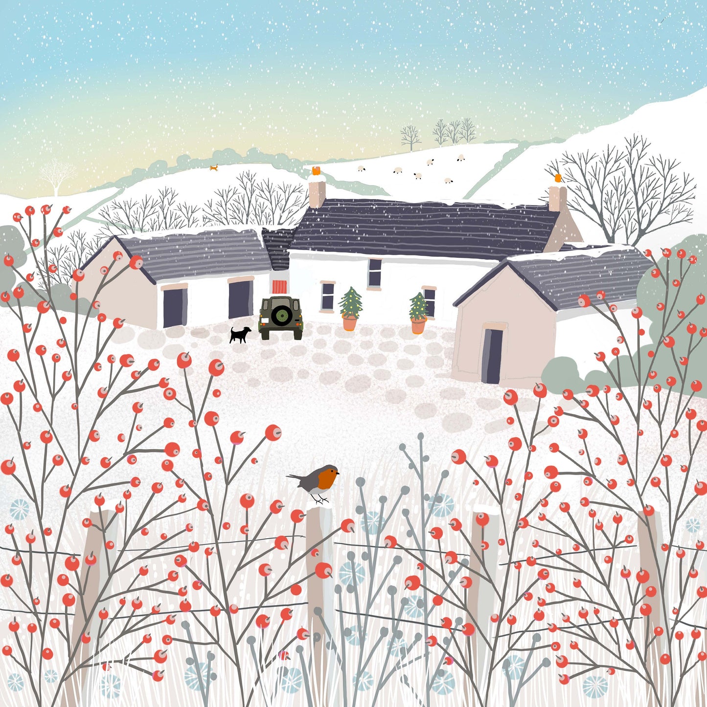 Pack of 4 Christmas cards, A Country Christmas. Cards from original art featuring cosy country scenes, designed and printed in Scotland