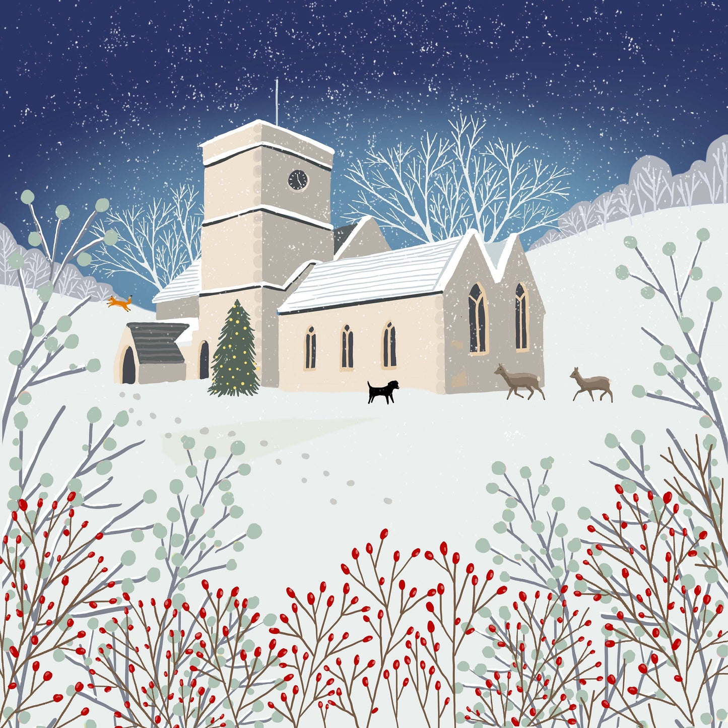 Pack of 4 Christmas cards, A Country Christmas. Cards from original art featuring cosy country scenes, designed and printed in Scotland