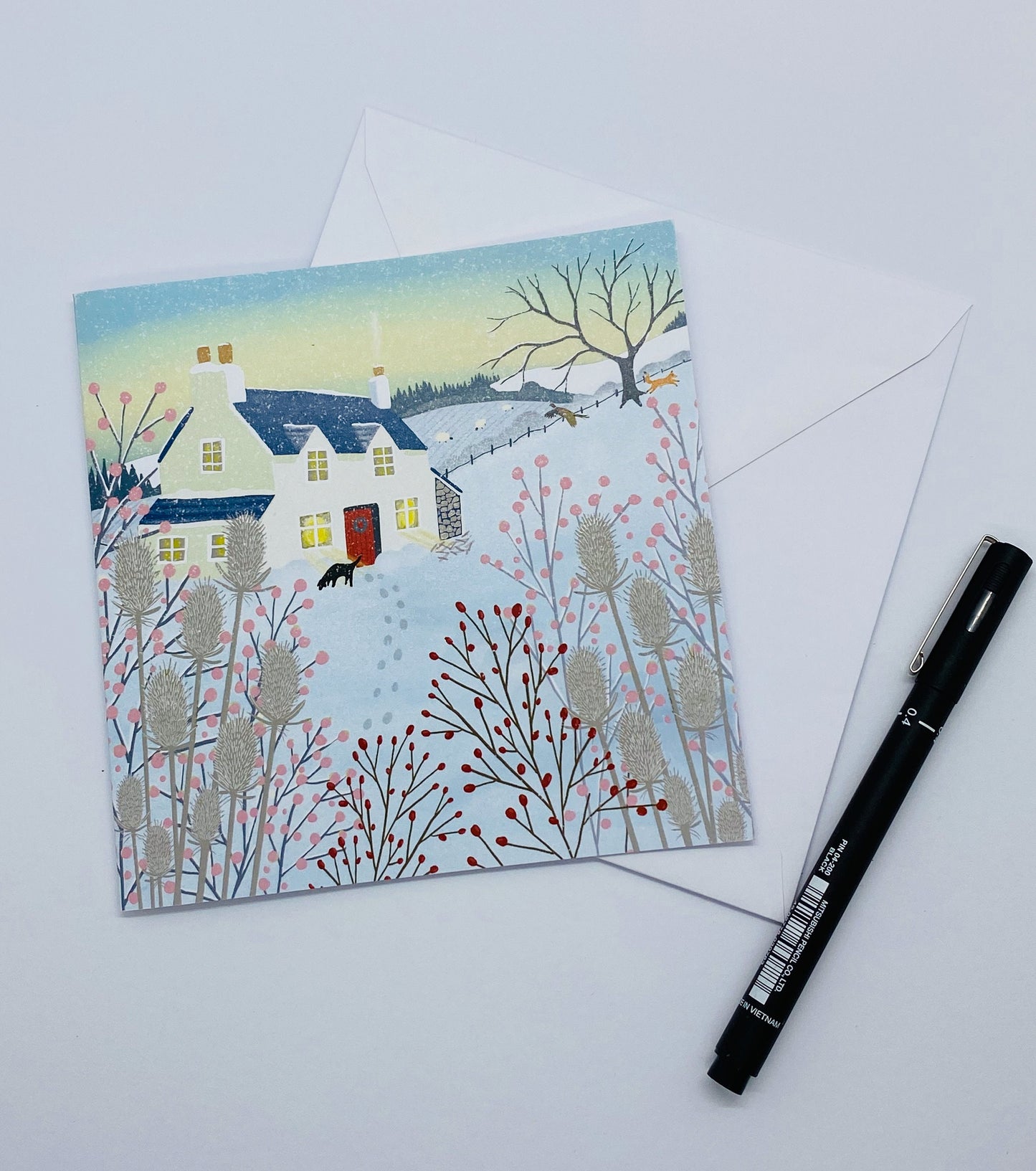 Pack of 4 Christmas cards, A Country Christmas. Cards from original art featuring cosy country scenes, designed and printed in Scotland