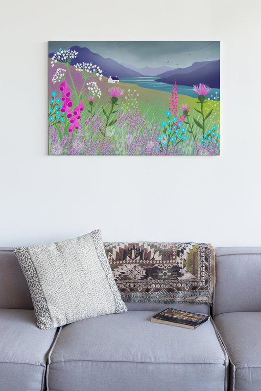 Canvas print of Highland Fling - various sizes. Colourful art wall canvas of Scottish Highlands. Wall Art, Home decor, Home Office Art.