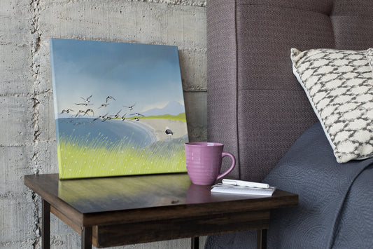 Oyster Bay Canvas from original Scottish Landscape art by Caroline Smith. Canvas print feauring a sandy bay with a flock of oystercatchers.