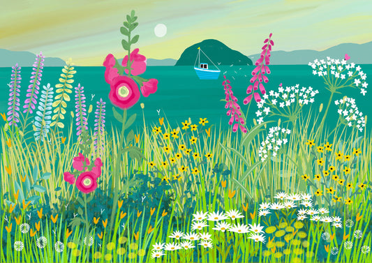 Scottish coastal canvas print with sea and wildflowers. Colourful wall art with view of Ailsa Craig. Wall Art, Home decor, Home Office Art.