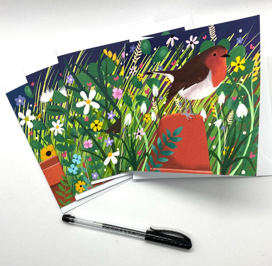 Pack of 4 Garden Bird Greetings Cards from original art. Greetings Cards with envelopes featuring original paintings by Caroline Smith.