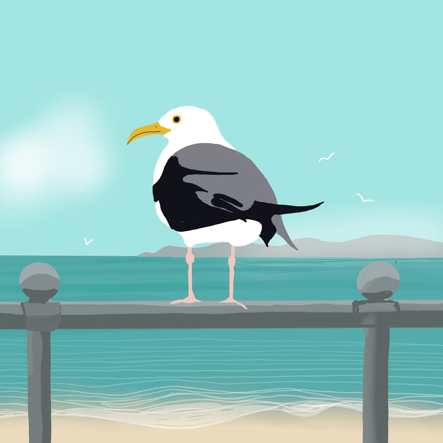 The Seagull greetings card - seaside scene with seagull on railings