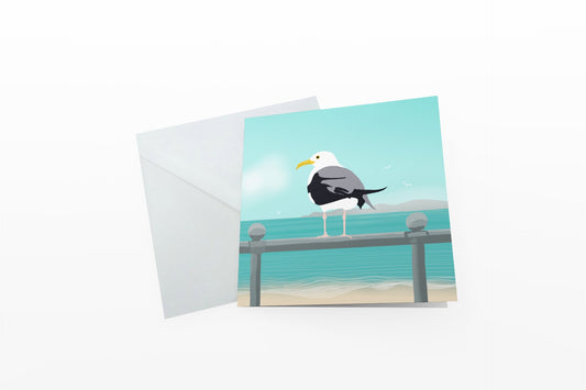 The Seagull greetings card - seaside scene with seagull on railings