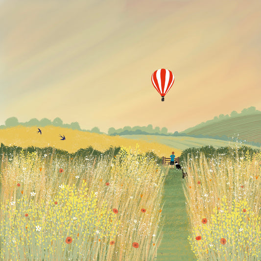 Hot Air greetings card from original artwork by Caroline Smith. Blank greetings cards. Featuring a Hot air balloon.