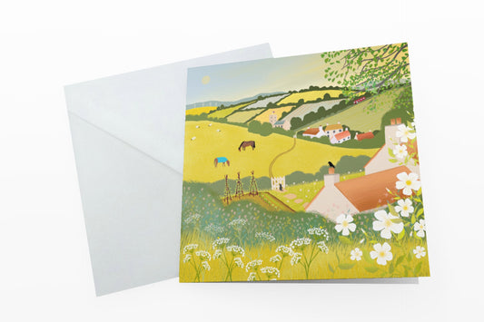 Summer Grazing, greetings card. British summer village. Greetings cards handmade. Card for birthday, anniversary, housewarming or Thank Yous