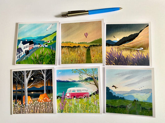 Box of Notelets from original art. Pack of Six Notelet Cards in box. Travel, camping and campervan cards. Small gift. Thank you cards.