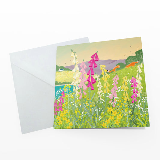 Foxes in Foxgloves greetings card. Floral greetings card. Birthday Card.