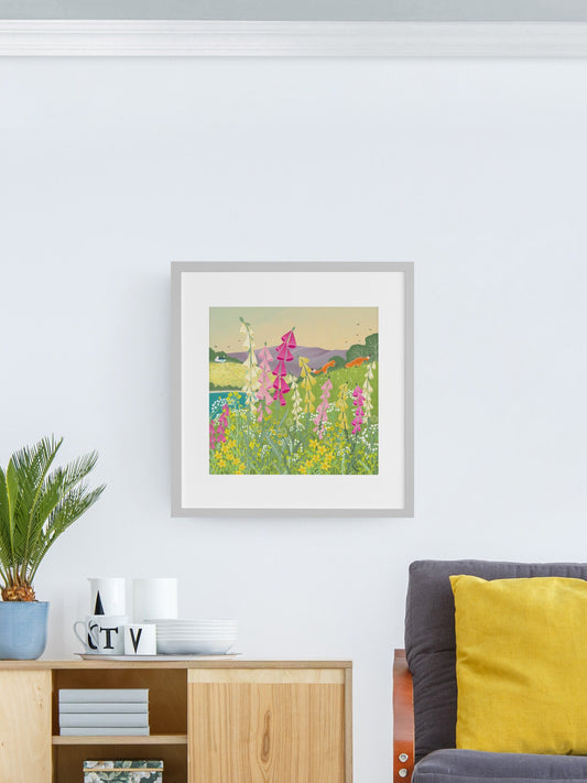 Foxes in Foxgloves print. Wall art featuring wildflowers and foxes. Giclee Art print signed by artist. Home Gift. Gift for Friend