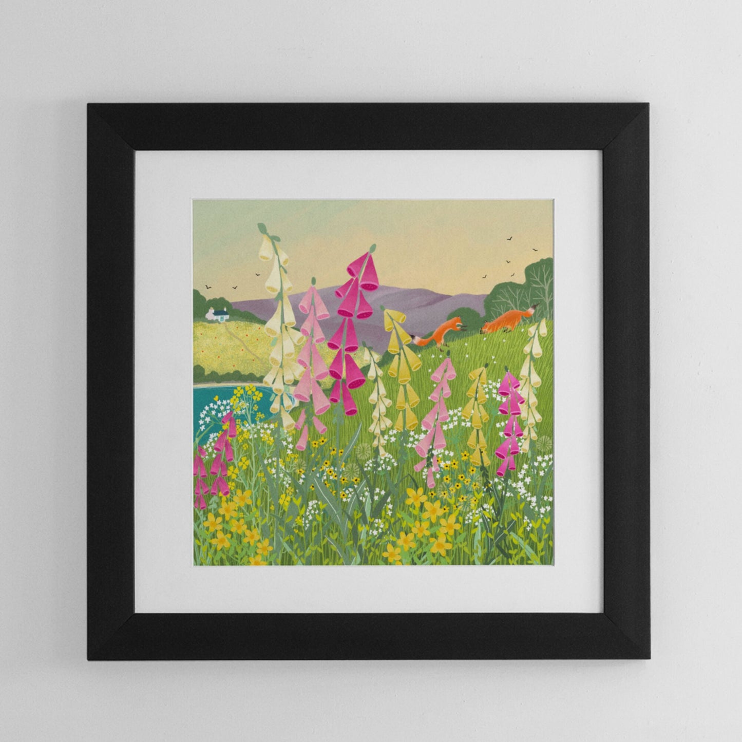 Foxes in Foxgloves print. Wall art featuring wildflowers and foxes. Giclee Art print signed by artist. Home Gift. Gift for Friend